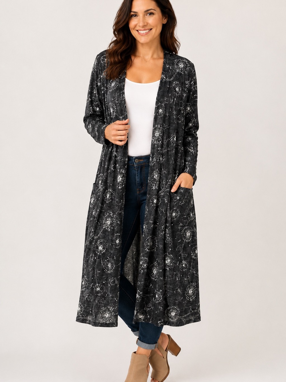 LulaRoe extra large Sarah duster with dandelion print long with pockets
